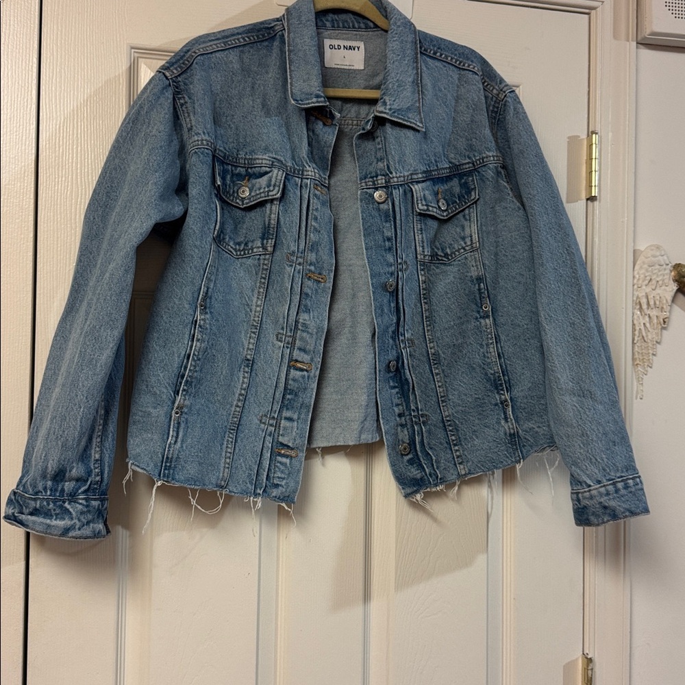 Old Navy Women's Light Blue Jean Jacket denim distressed oversized L - Picture 2 of 6